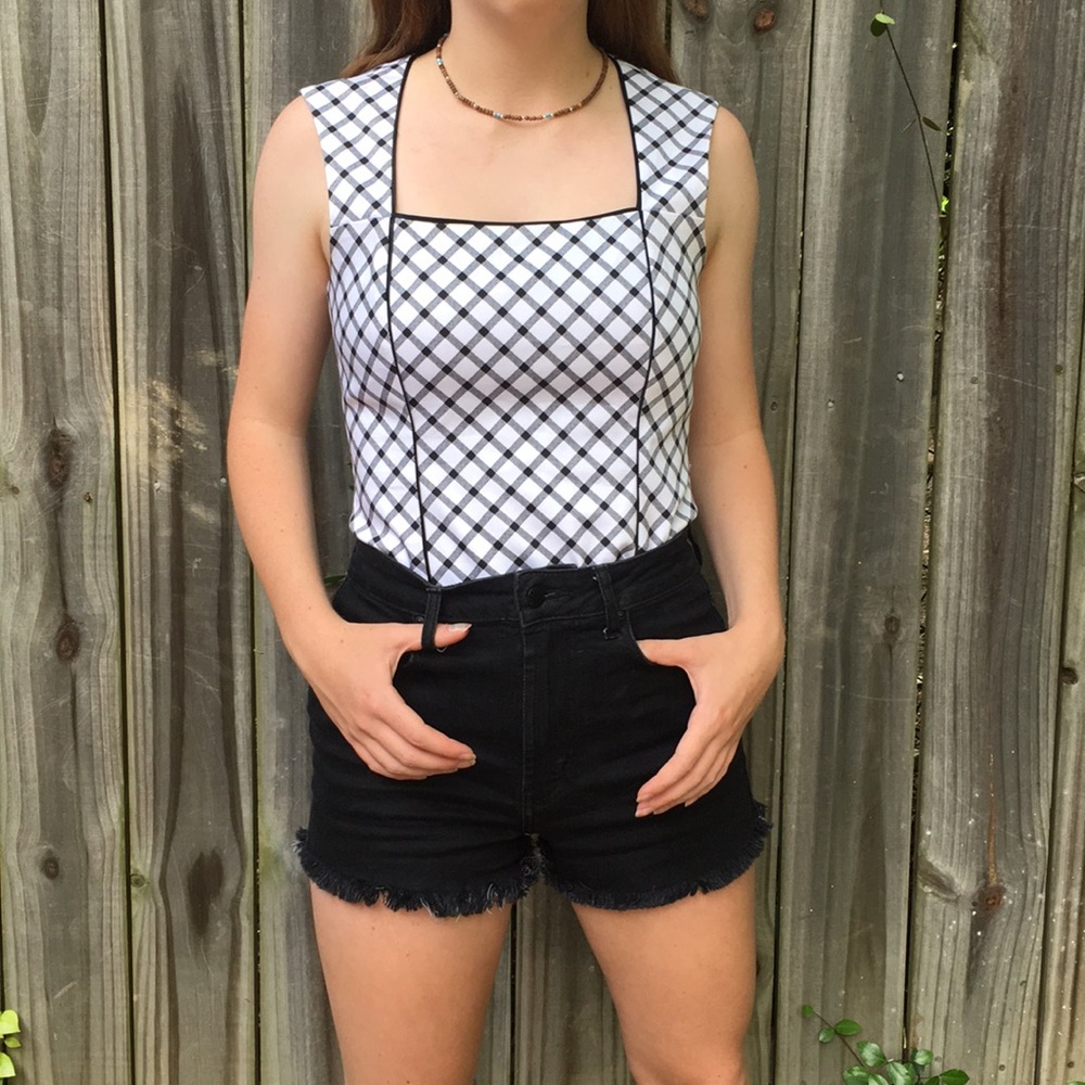 White&Black Plaid Square-Neck Blouse